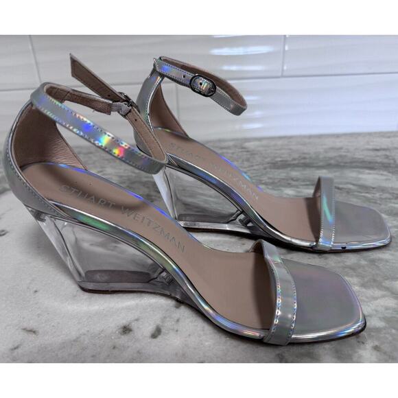 Stuart Weitzman Iridescent Silver Wedge Sandals Size 8 - Picture 7 of 12